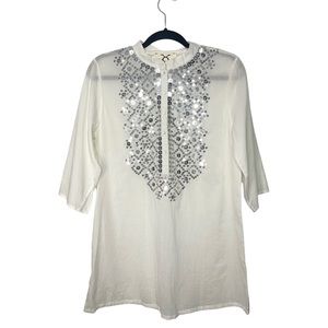 Figue White Sliver Sequin Embellished Cotton Sheer Tunic